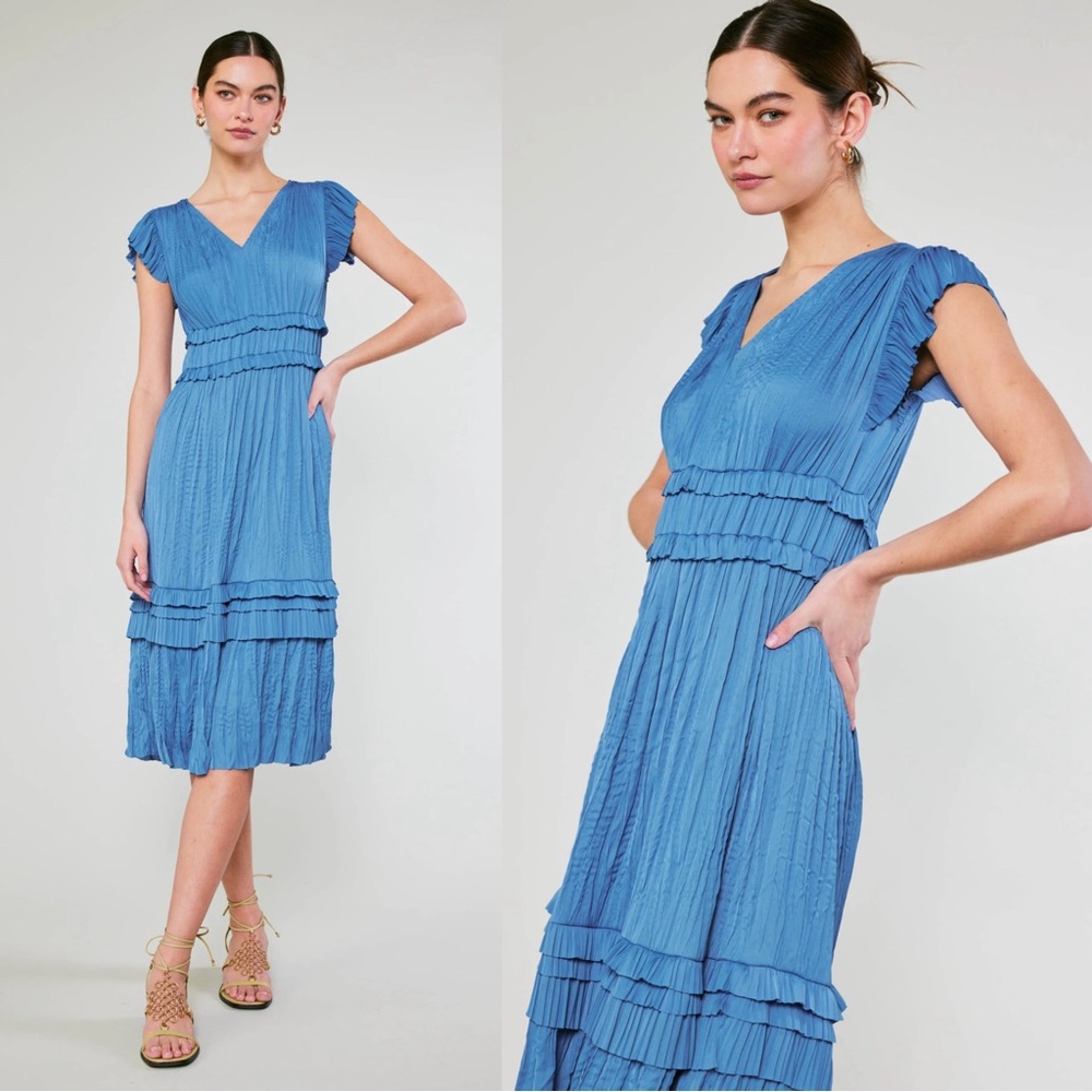 Current Air • Anthropologie Sereia Pleated Midi Dress blue flutter sleeve - Picture 3 of 13